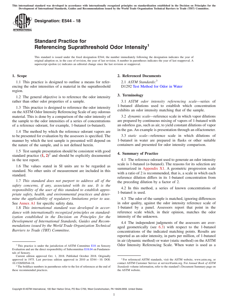 ASTM E544-18 - Standard Practice for  Referencing Suprathreshold Odor Intensity