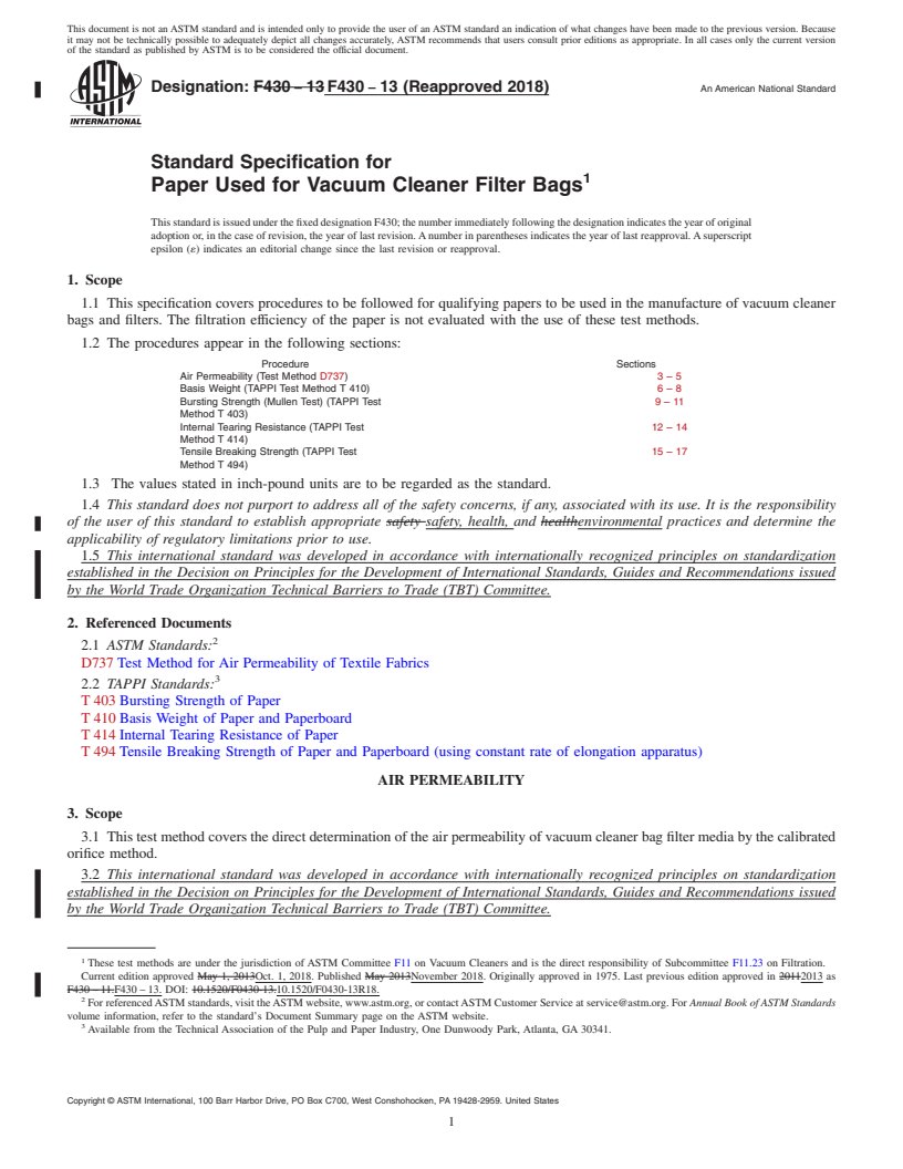 REDLINE ASTM F430-13(2018) - Standard Specification for  Paper Used for Vacuum Cleaner Filter Bags