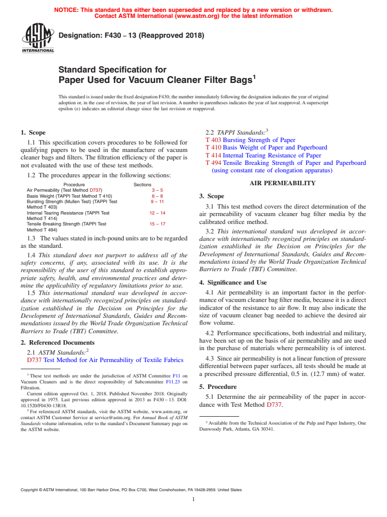 ASTM F430-13(2018) - Standard Specification for  Paper Used for Vacuum Cleaner Filter Bags