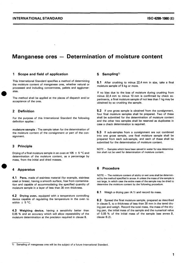 ISO 4299:1980 - Manganese ores -- Determination of moisture content