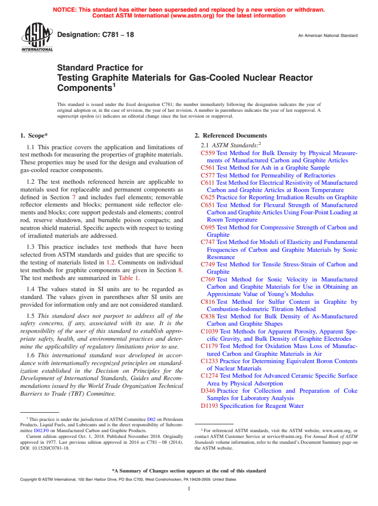ASTM C781-18 - Standard Practice for Testing Graphite Materials for Gas-Cooled Nuclear Reactor Components