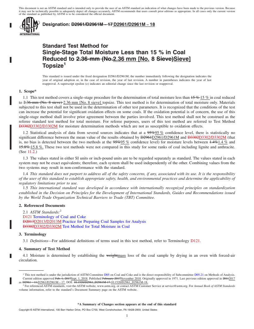 REDLINE ASTM D2961/D2961M-18 - Standard Test Method for  Single-Stage Total Moisture Less than 15 % in Coal Reduced  to 2.36&#x2009;mm [No. 8 Sieve] Topsize