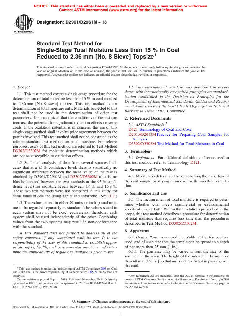 ASTM D2961/D2961M-18 - Standard Test Method for  Single-Stage Total Moisture Less than 15 % in Coal Reduced  to 2.36&#x2009;mm [No. 8 Sieve] Topsize