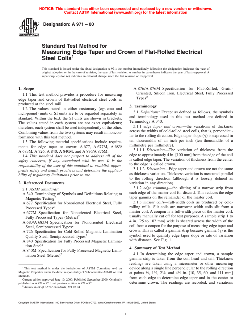 ASTM A971-00 - Standard Test Method for Measuring Edge Taper and Crown of Flat-Rolled Electrical Steel Coils