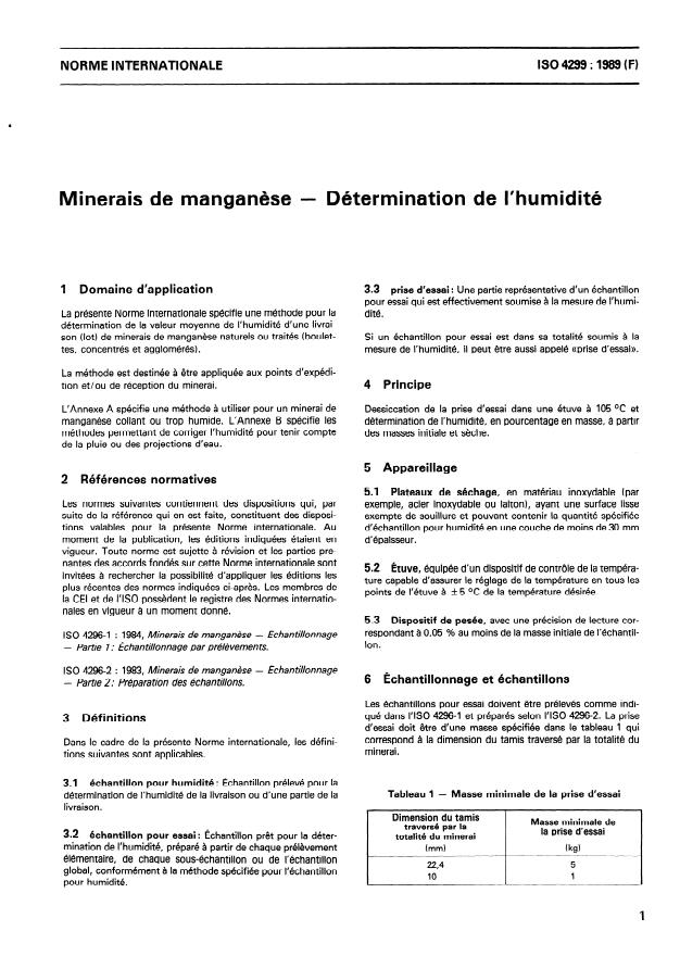 ISO 4299:1989 - Minerais de manganese -- Détermination de l'humidité