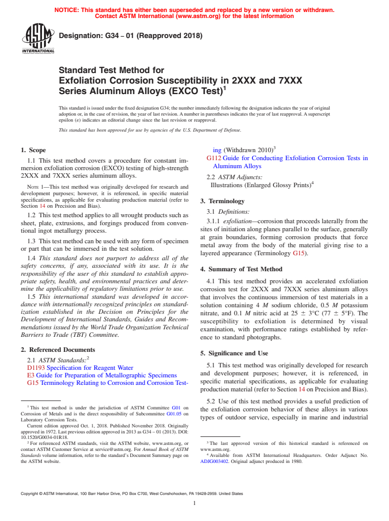 ASTM G34-01(2018) - Standard Test Method for  Exfoliation Corrosion Susceptibility in 2XXX and 7XXX Series  Aluminum Alloys (EXCO Test)