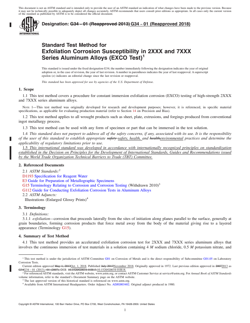 REDLINE ASTM G34-01(2018) - Standard Test Method for  Exfoliation Corrosion Susceptibility in 2XXX and 7XXX Series  Aluminum Alloys (EXCO Test)