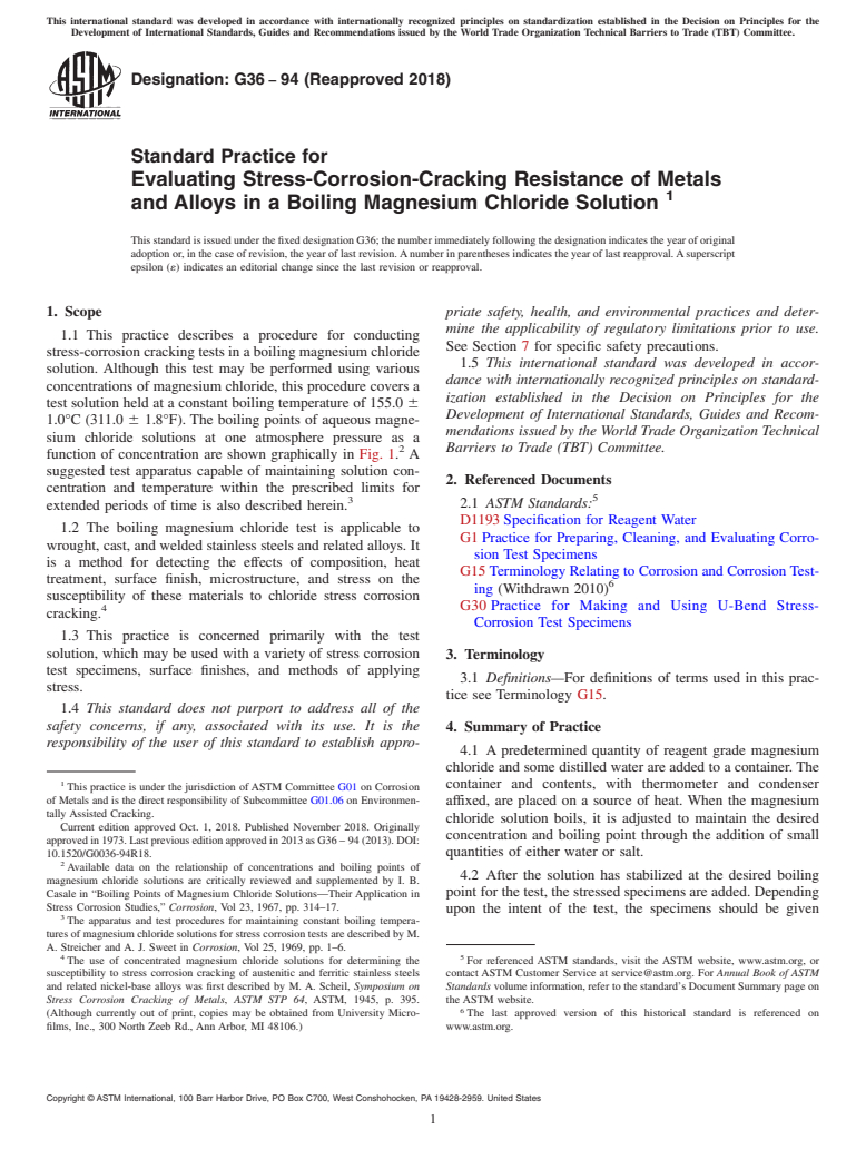 ASTM G36-94(2018) - Standard Practice for  Evaluating Stress-Corrosion-Cracking Resistance of Metals and  Alloys in a Boiling Magnesium Chloride Solution