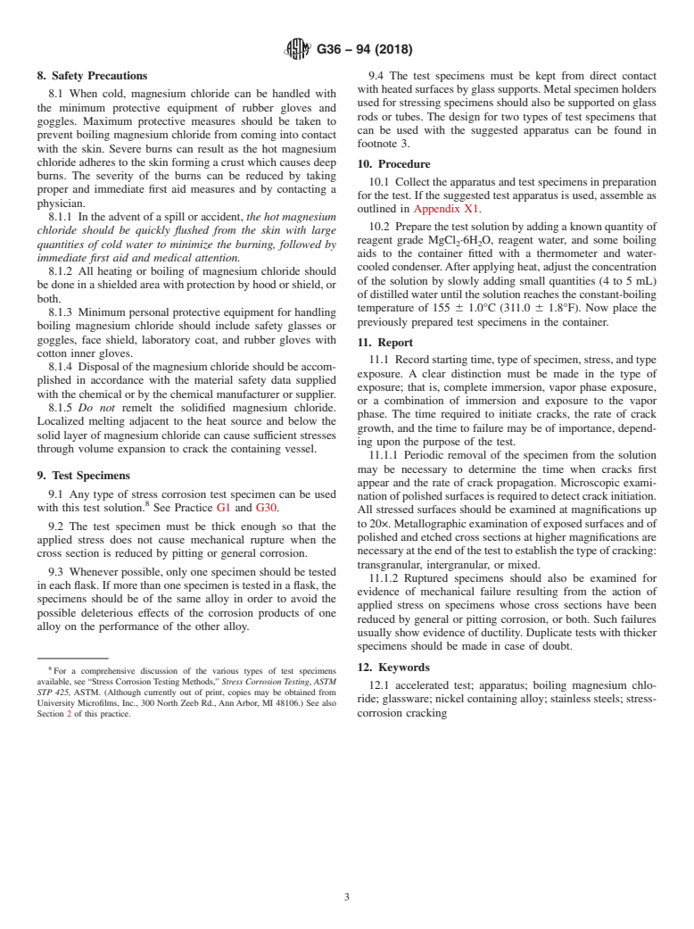 ASTM G36-94(2018) - Standard Practice for  Evaluating Stress-Corrosion-Cracking Resistance of Metals and  Alloys in a Boiling Magnesium Chloride Solution