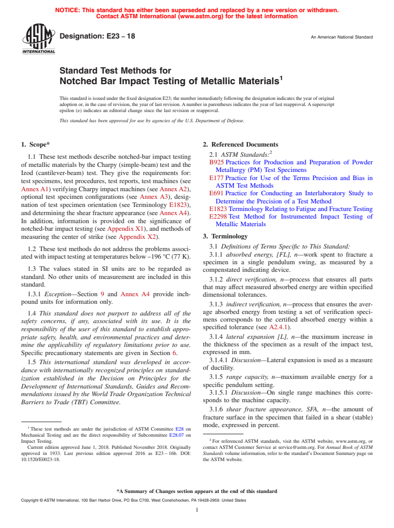 ASTM E23-18 - Standard Test Methods for Notched Bar Impact Testing of Metallic Materials