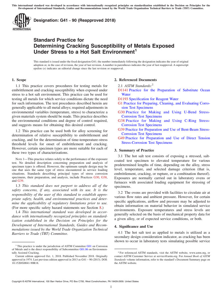 ASTM G41-90(2018) - Standard Practice for  Determining Cracking Susceptibility of Metals Exposed Under  Stress to a Hot Salt Environment