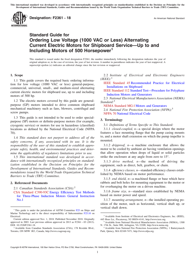 ASTM F2361-18 - Standard Guide for  Ordering Low Voltage (1000 VAC or Less) Alternating Current  Electric Motors for Shipboard Service&#x2014;Up to and Including Motors  of 500 Horsepower