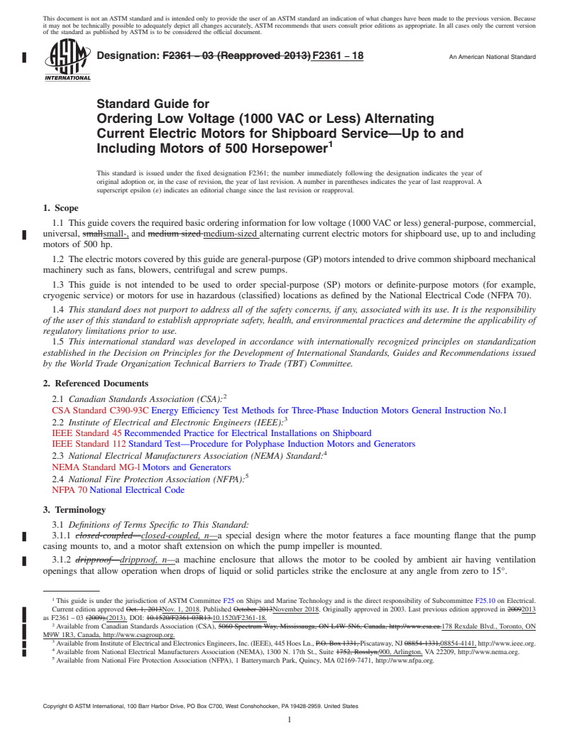 REDLINE ASTM F2361-18 - Standard Guide for  Ordering Low Voltage (1000 VAC or Less) Alternating Current  Electric Motors for Shipboard Service&#x2014;Up to and Including Motors  of 500 Horsepower