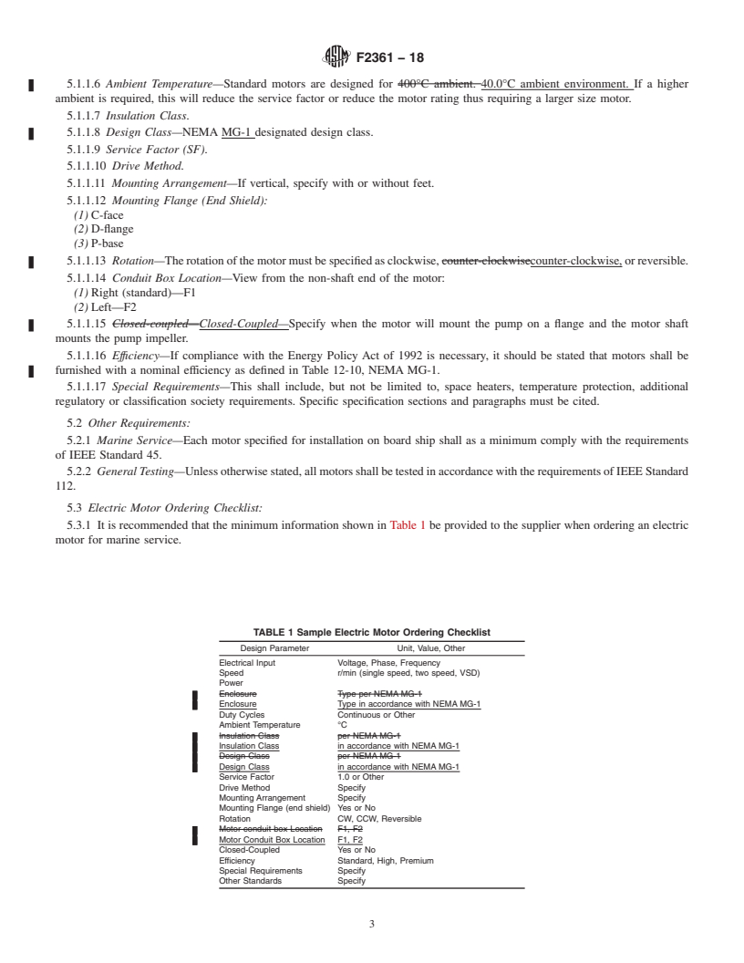 REDLINE ASTM F2361-18 - Standard Guide for  Ordering Low Voltage (1000 VAC or Less) Alternating Current  Electric Motors for Shipboard Service&#x2014;Up to and Including Motors  of 500 Horsepower