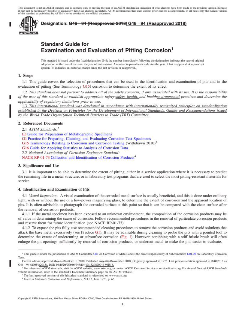 REDLINE ASTM G46-94(2018) - Standard Guide for  Examination and Evaluation of Pitting Corrosion