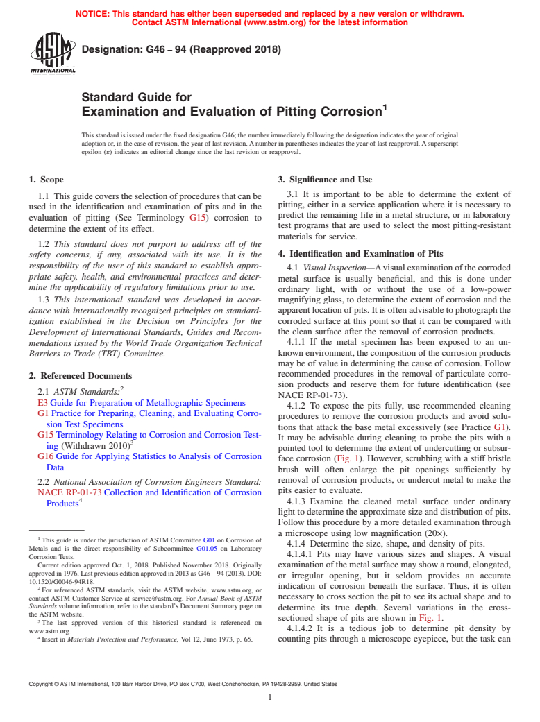 ASTM G46-94(2018) - Standard Guide for  Examination and Evaluation of Pitting Corrosion