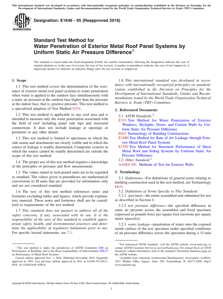 ASTM E1646-95(2018) - Standard Test Method for Water Penetration of Exterior Metal Roof Panel Systems by Uniform  Static Air Pressure Difference