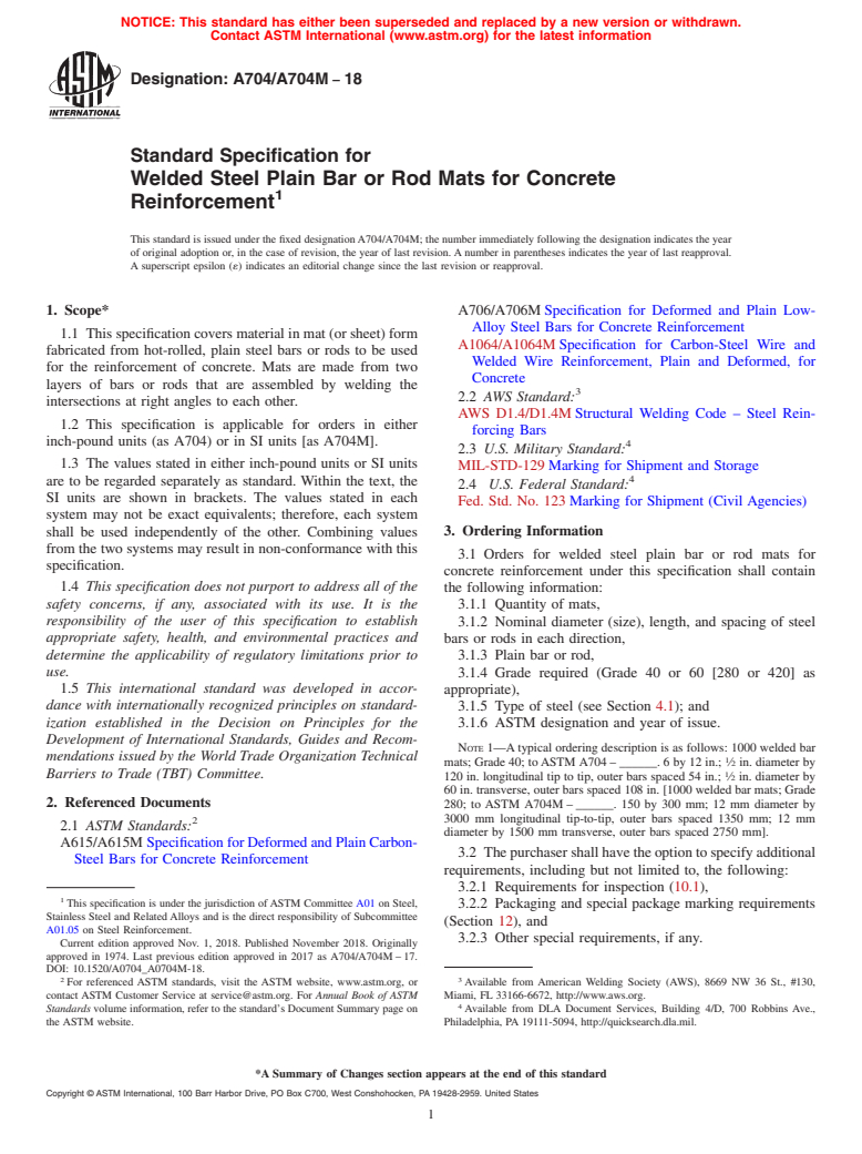 ASTM A704/A704M-18 - Standard Specification for  Welded Steel Plain Bar or Rod Mats for Concrete Reinforcement
