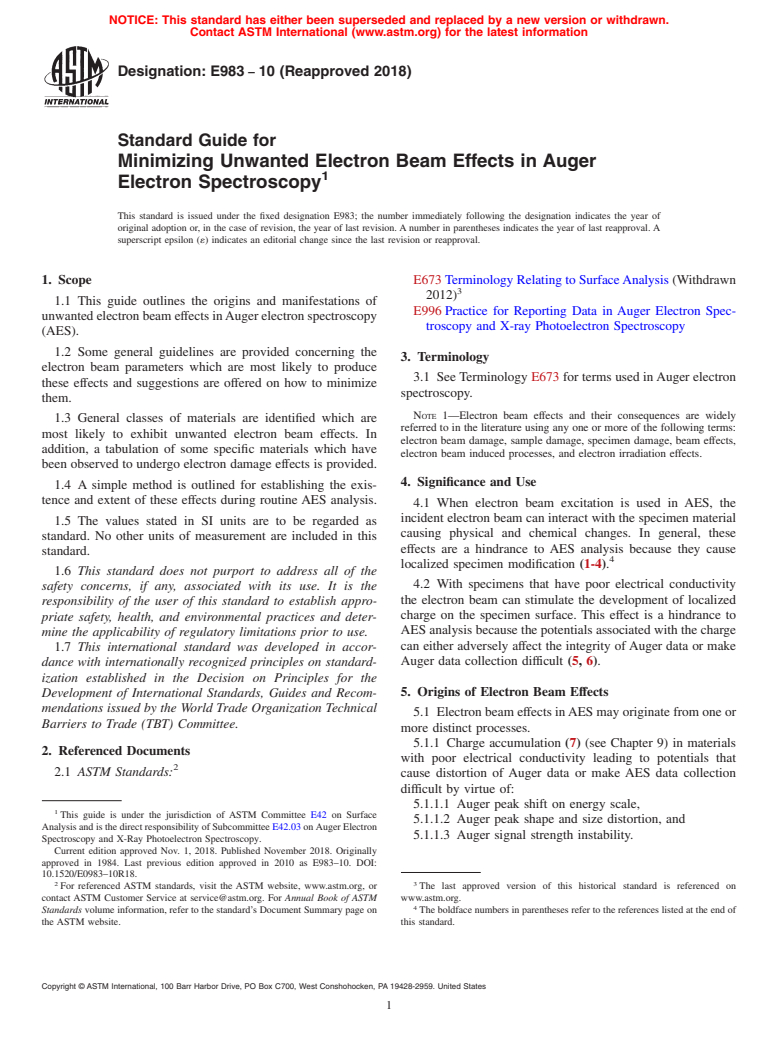 ASTM E983-10(2018) - Standard Guide for Minimizing Unwanted Electron Beam Effects in Auger Electron  Spectroscopy