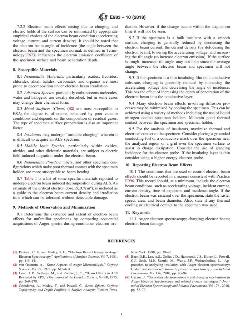 ASTM E983-10(2018) - Standard Guide for Minimizing Unwanted Electron Beam Effects in Auger Electron  Spectroscopy