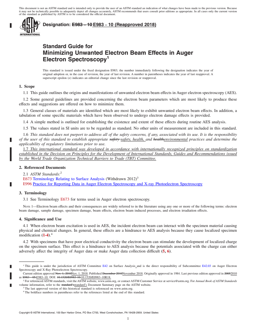 REDLINE ASTM E983-10(2018) - Standard Guide for Minimizing Unwanted Electron Beam Effects in Auger Electron  Spectroscopy