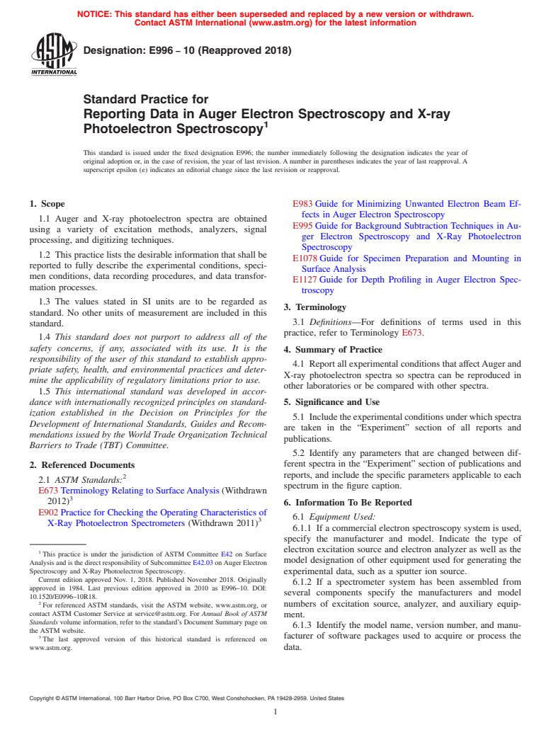 ASTM E996-10(2018) - Standard Practice for Reporting Data in Auger Electron Spectroscopy and X-ray Photoelectron  Spectroscopy