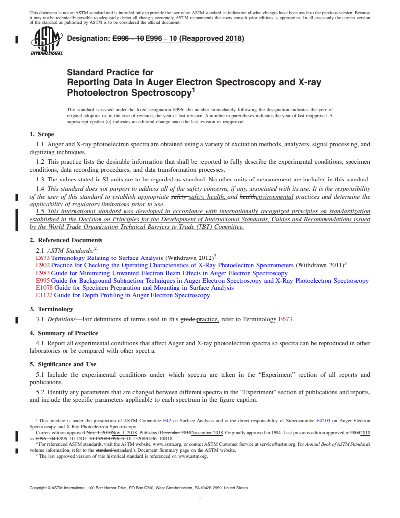 REDLINE ASTM E996-10(2018) - Standard Practice for Reporting Data in Auger Electron Spectroscopy and X-ray Photoelectron  Spectroscopy