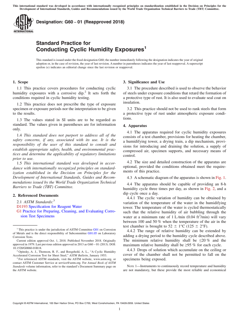 ASTM G60-01(2018) - Standard Practice for  Conducting Cyclic Humidity Exposures