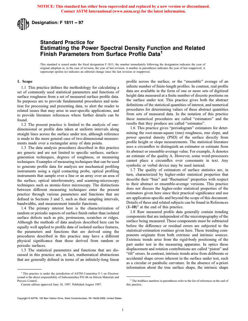 ASTM F1811-97 - Standard Practice for Estimating the Power Spectral Density Function and Related Finish Parameters from Surface Profile Data