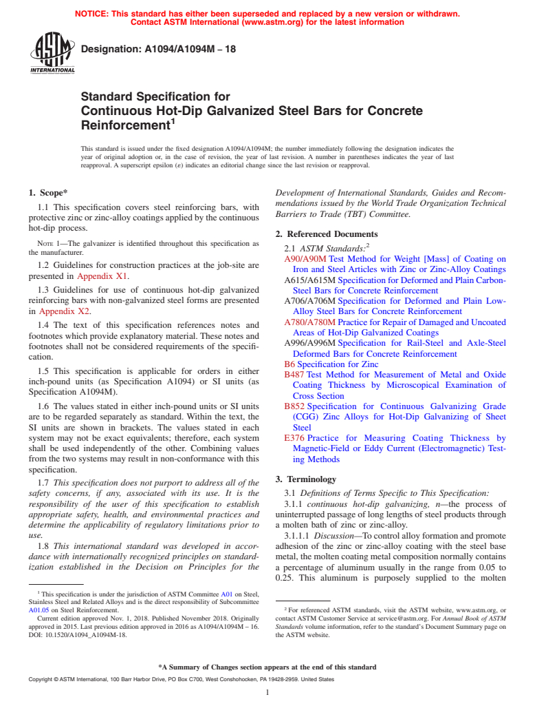 ASTM A1094/A1094M-18 - Standard Specification for Continuous Hot-Dip Galvanized Steel Bars for Concrete Reinforcement