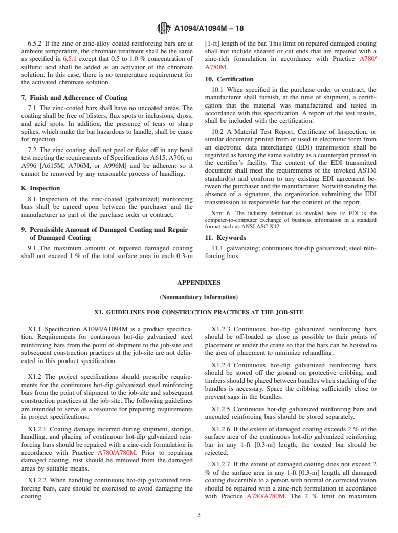 ASTM A1094/A1094M-18 - Standard Specification for Continuous Hot-Dip Galvanized Steel Bars for Concrete Reinforcement