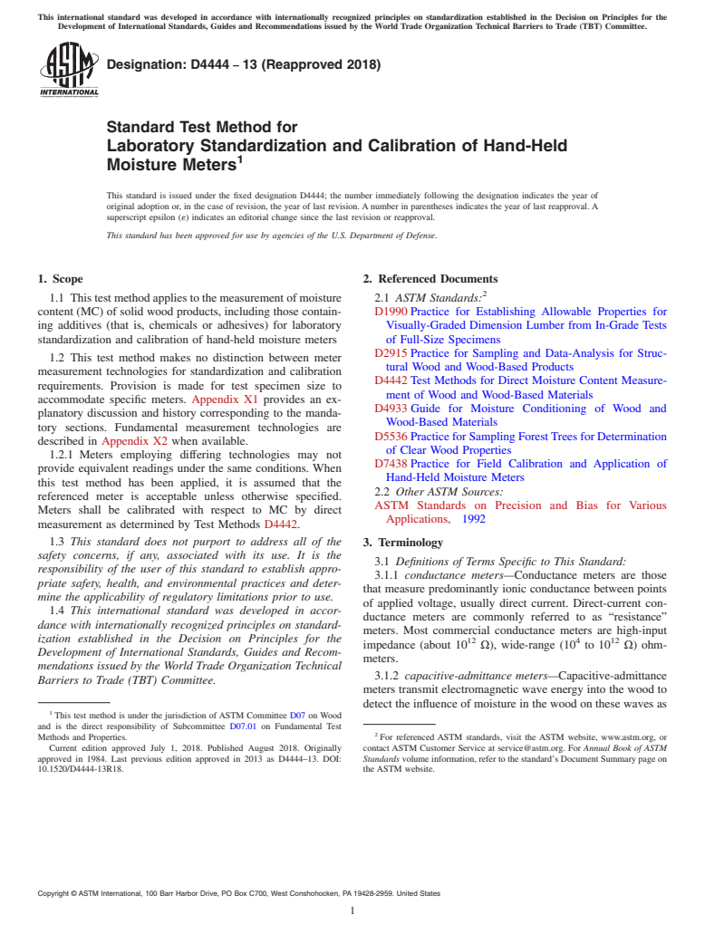 ASTM D4444-13(2018) - Standard Test Method for  Laboratory Standardization and Calibration of Hand-Held Moisture  Meters