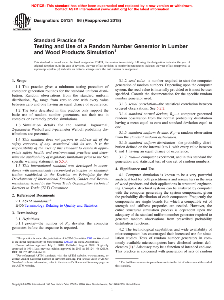 ASTM D5124-96(2018) - Standard Practice for Testing and Use of a Random Number Generator in Lumber and  Wood Products Simulation