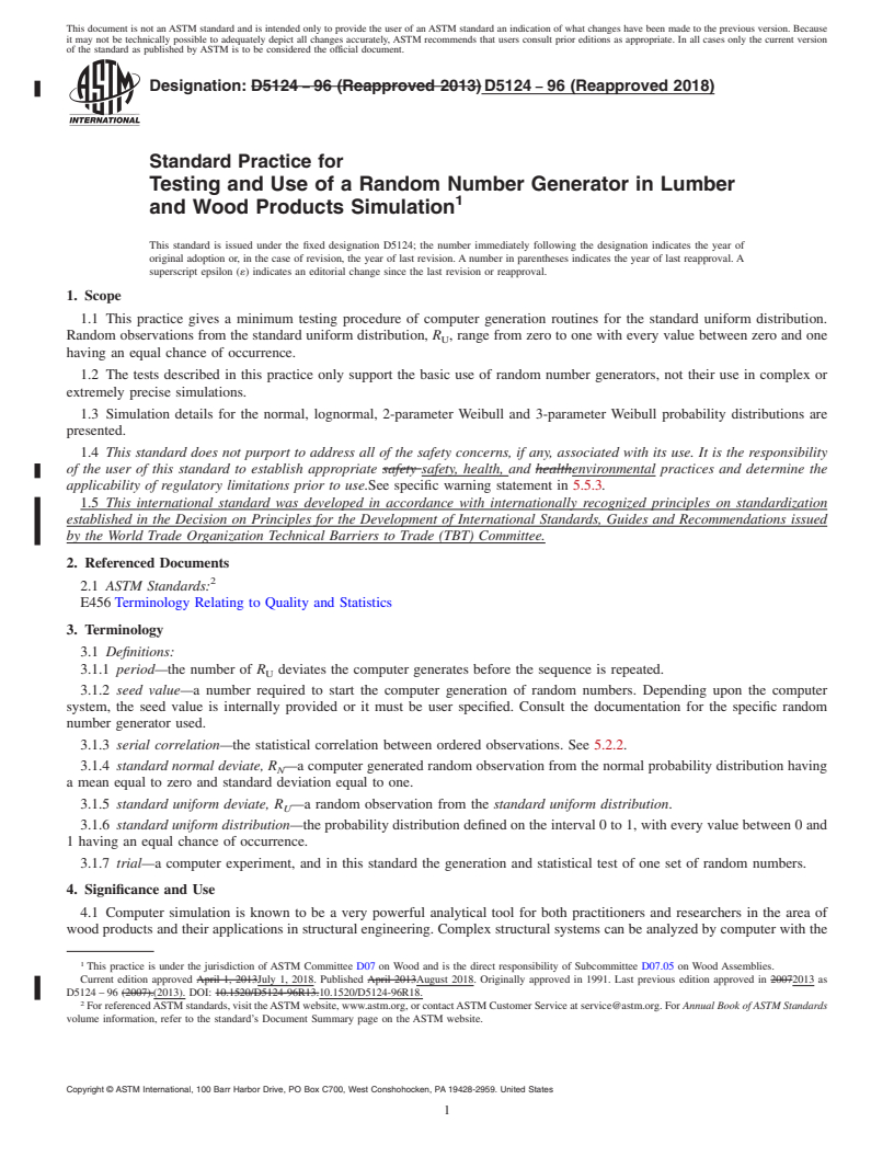 REDLINE ASTM D5124-96(2018) - Standard Practice for Testing and Use of a Random Number Generator in Lumber and  Wood Products Simulation