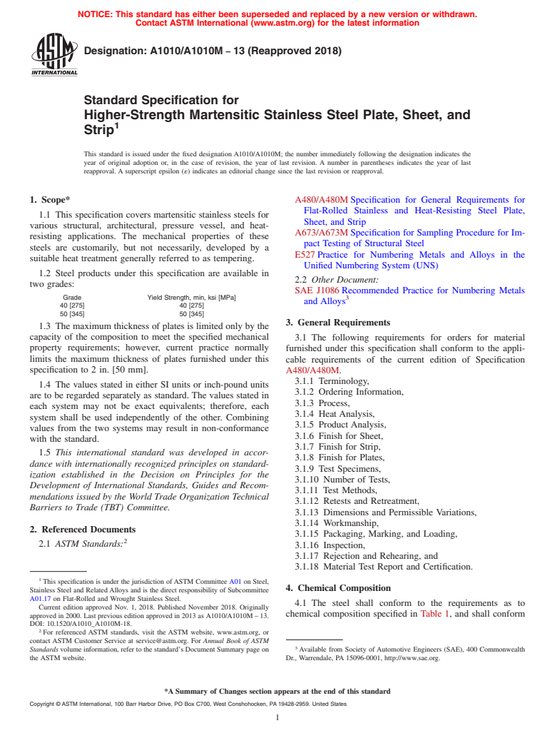 ASTM A1010/A1010M-13(2018) - Standard Specification for  Higher-Strength Martensitic Stainless Steel Plate, Sheet, and  Strip