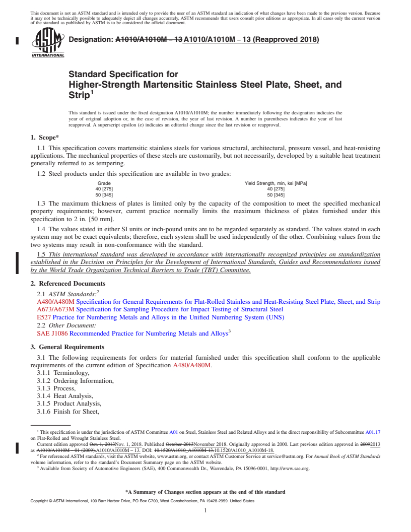 REDLINE ASTM A1010/A1010M-13(2018) - Standard Specification for  Higher-Strength Martensitic Stainless Steel Plate, Sheet, and  Strip