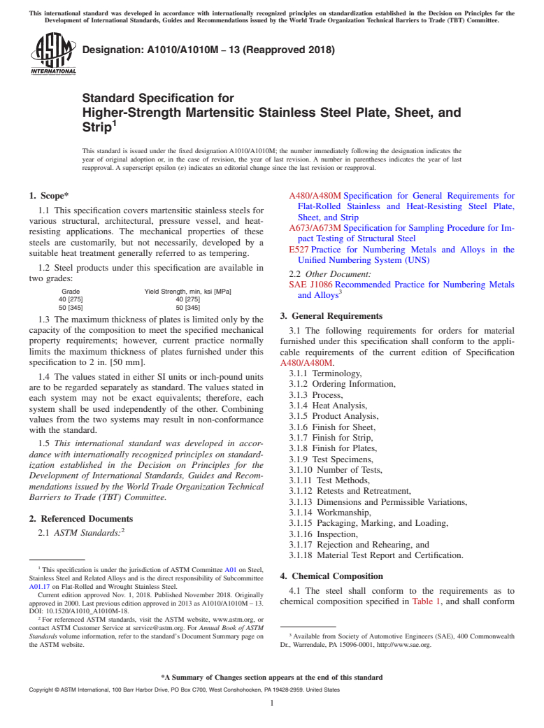 ASTM A1010/A1010M-13(2018) - Standard Specification for  Higher-Strength Martensitic Stainless Steel Plate, Sheet, and  Strip