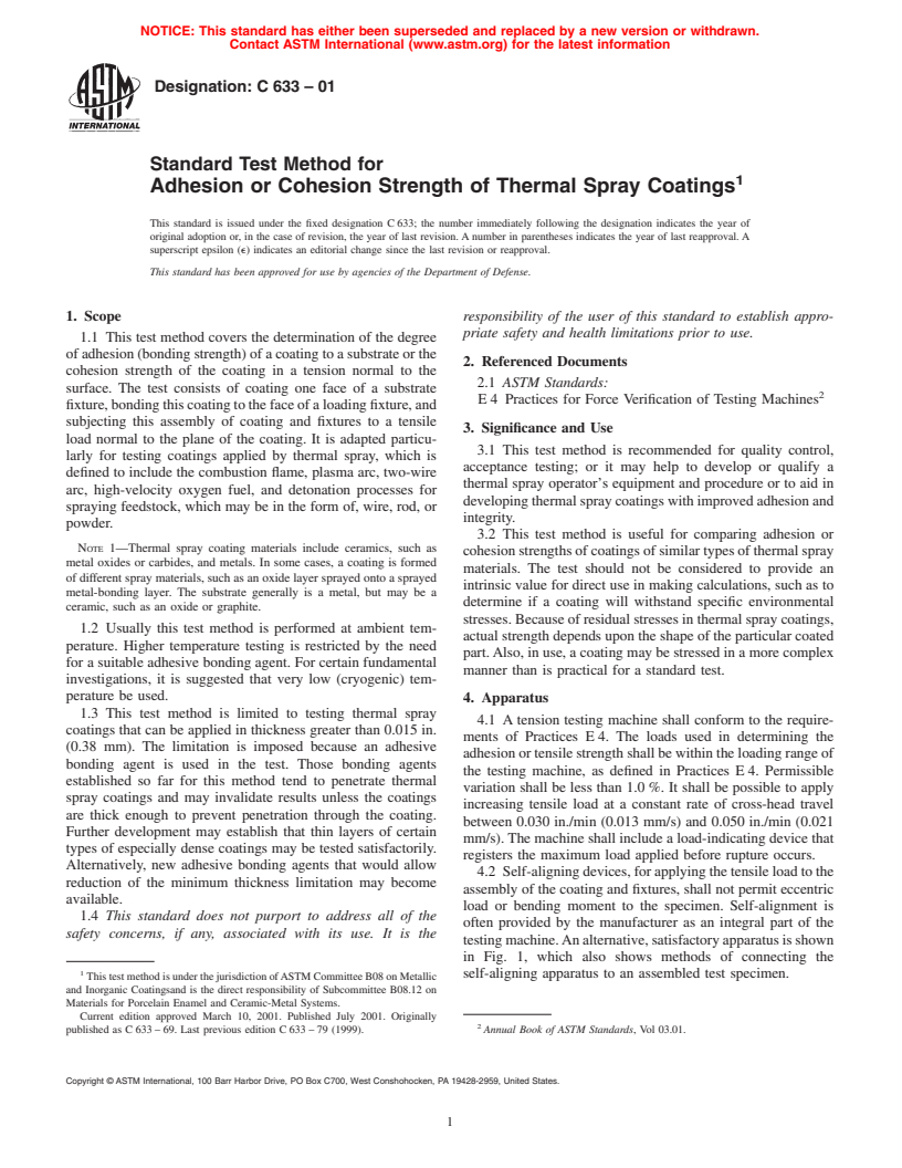 ASTM C633-01 - Standard Test Method for Adhesion or Cohesion Strength of Thermal Spray Coatings