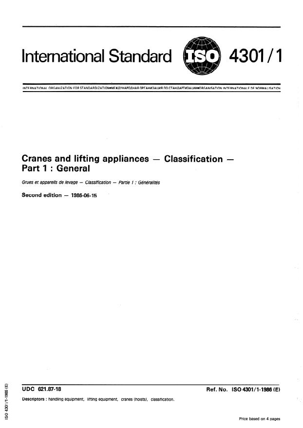 ISO 4301-1:1986 - Cranes and lifting appliances -- Classification