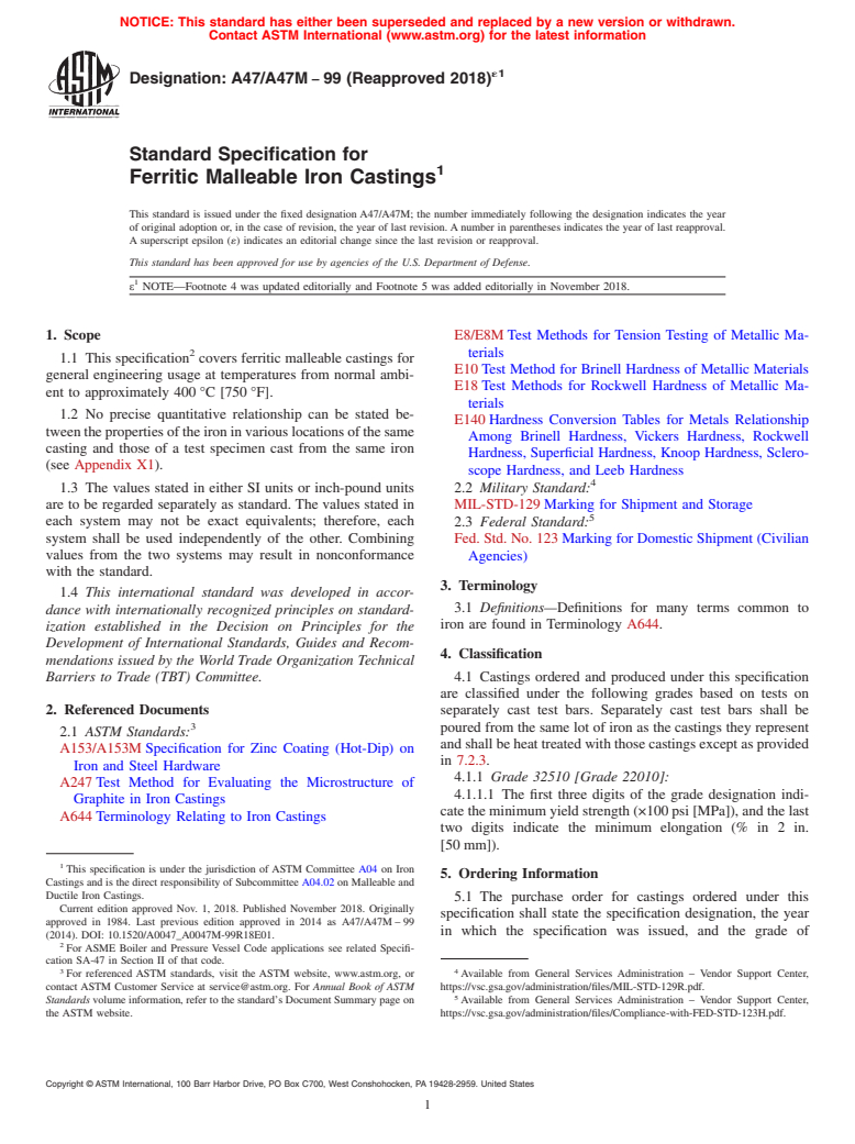 ASTM A47/A47M-99(2018)e1 - Standard Specification for  Ferritic Malleable Iron Castings