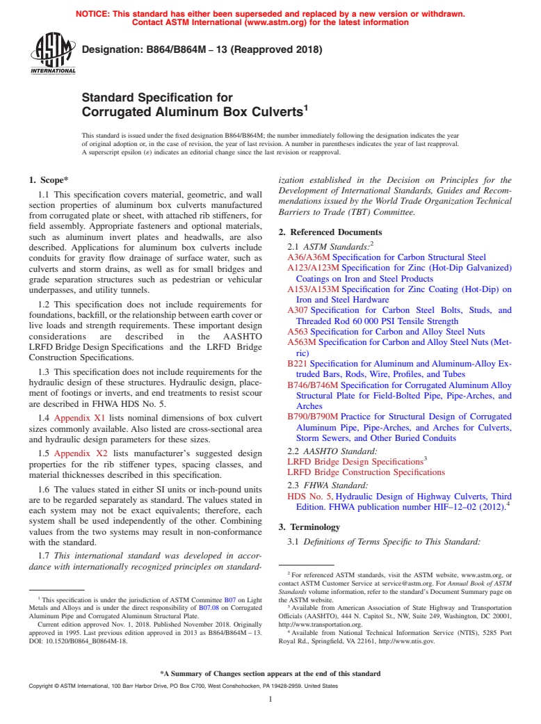 ASTM B864/B864M-13(2018) - Standard Specification for  Corrugated Aluminum Box Culverts