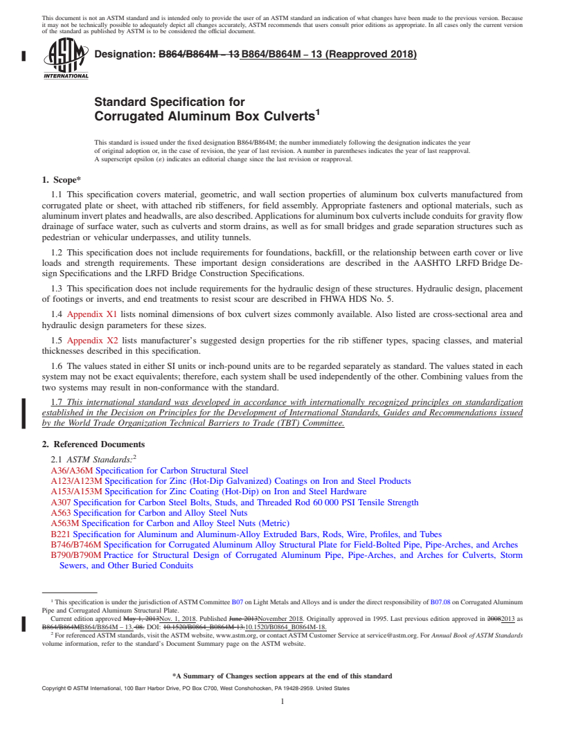 REDLINE ASTM B864/B864M-13(2018) - Standard Specification for  Corrugated Aluminum Box Culverts