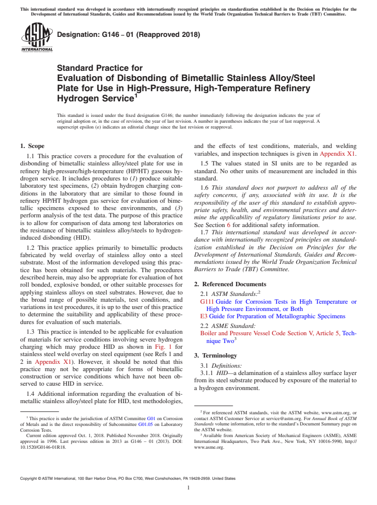 ASTM G146-01(2018) - Standard Practice for  Evaluation of Disbonding of Bimetallic Stainless Alloy/Steel  Plate for Use in High-Pressure, High-Temperature Refinery Hydrogen  Service