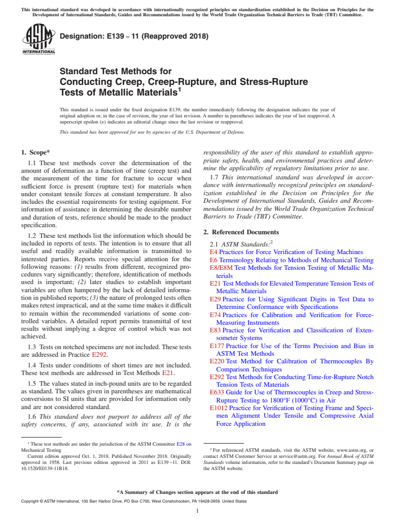 ASTM E139-11(2018) - Standard Test Methods for Conducting Creep, Creep-Rupture, and Stress-Rupture Tests of  Metallic Materials