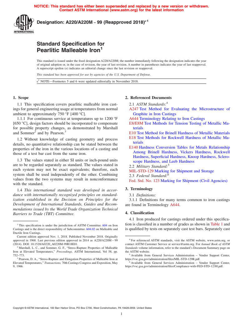 ASTM A220/A220M-99(2018)e1 - Standard Specification for  Pearlitic Malleable Iron