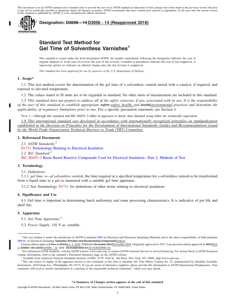 REDLINE ASTM D3056-14(2018) - Standard Test Method for  Gel Time of Solventless Varnishes