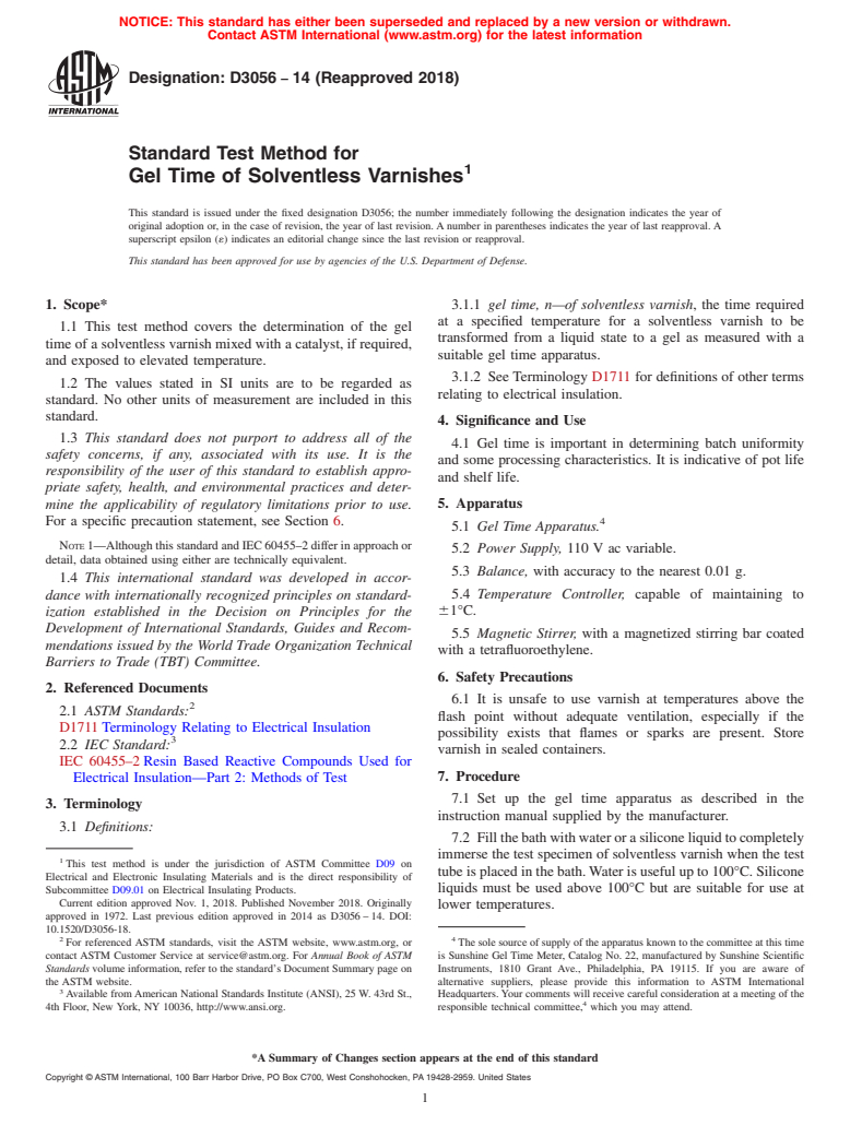 ASTM D3056-14(2018) - Standard Test Method for  Gel Time of Solventless Varnishes