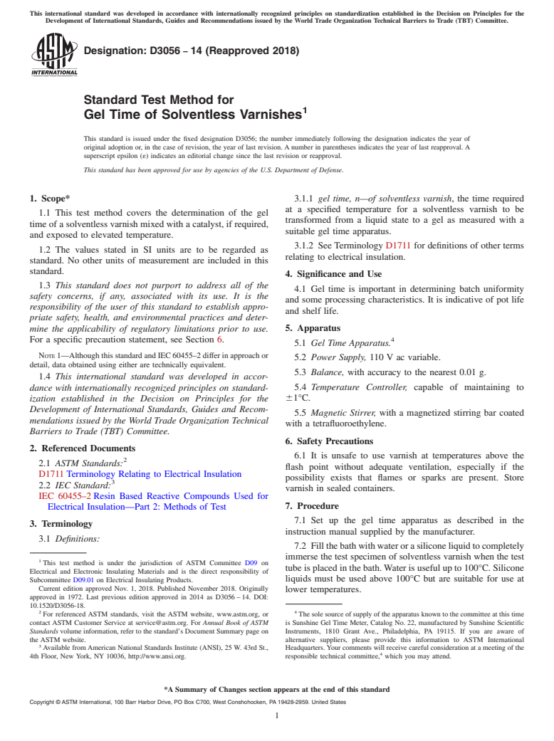 ASTM D3056-14(2018) - Standard Test Method for  Gel Time of Solventless Varnishes