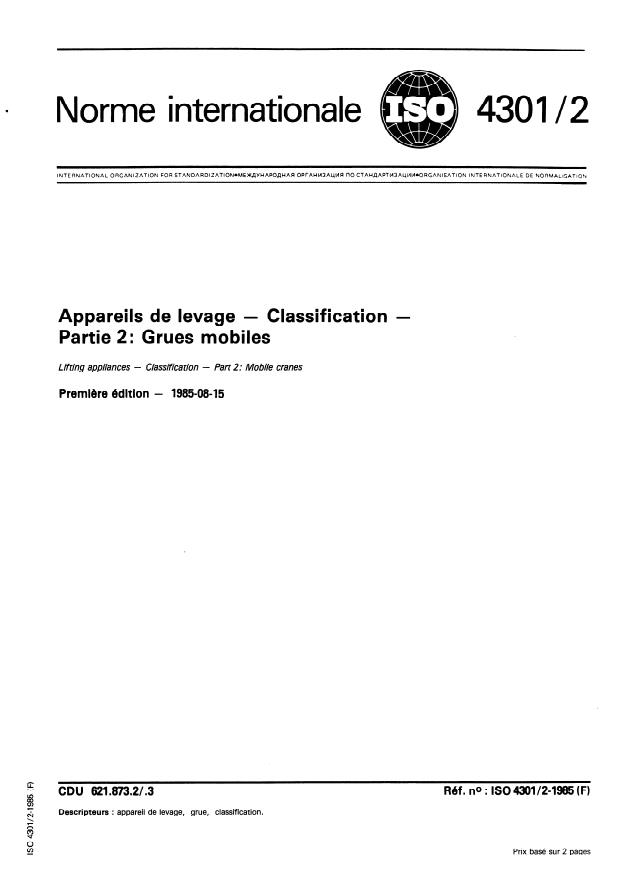 ISO 4301-2:1985 - Appareils de levage -- Classification