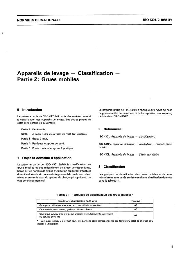 ISO 4301-2:1985 - Appareils de levage -- Classification